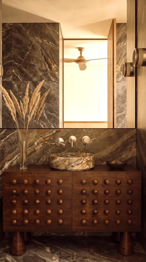 Doğal taş tezgâhlı, topuz detaylı ahşap lavabo dolabı