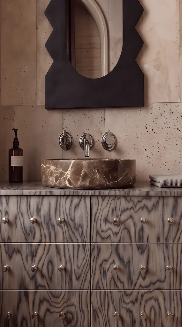 Gri kök kaplamalı lavabo dolabı ve mermer çanak lavabo