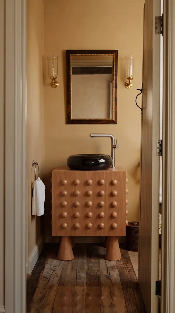 Topuz detaylı ahşap ön yüzlü lavabo dolabı